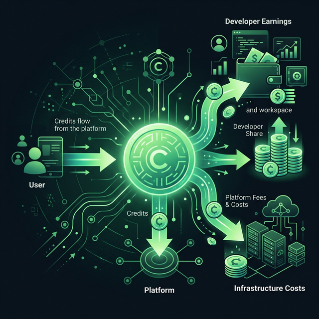 Credits flowing between users, developers, and platform infrastructure